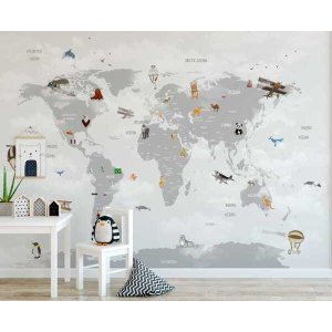 Papel de Parede Painel Mapa Mundi Cinza