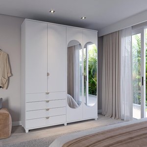 Guarda-roupa Casal com Espelho 4 Portas 4 Gavetas 100% Mdf Look 181 Cm - Branco Fosco C/ Champanhe