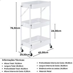 Carrinho Multiuso Organizador Dobrável com 3 Prateleiras - Branco - 6