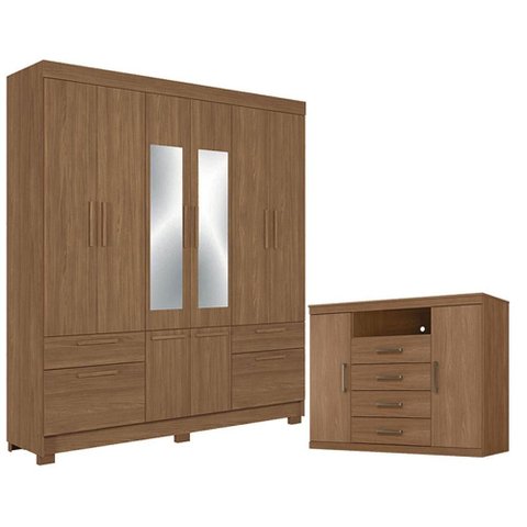 Guarda Roupa Casal 8 Portas Curitiba com Espelho e Cômoda Havana Master Jatobá Acetinado - Santos An