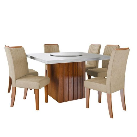 Conjunto Sala de Jantar Amsterdã New Mesa com Tampo Giratório 6 Cadeiras Grécia Madeirado/Bege
