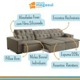 Sofá Retrátil Reclinável 6 Lugares 320cm com Pillow Veludo Bege Alasca Megasul - 4