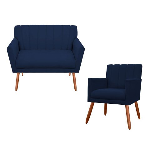 Kit Namoradeira + 1 Poltrona Decorativa Cecília Suede Azul Marinho Pés Madeira Mz Decor