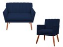 Ver imagem 1 de Kit Namoradeira + 1 Poltrona Decorativa Cecília Suede Azul Marinho Pés Madeira Mz Decor