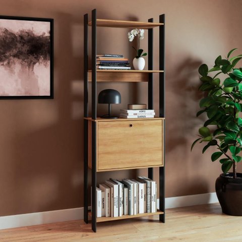 Estante para Livros 1 Porta 5 Prateleiras Estilo Industrial Lâmina Mel/Preto - BRV Móveis