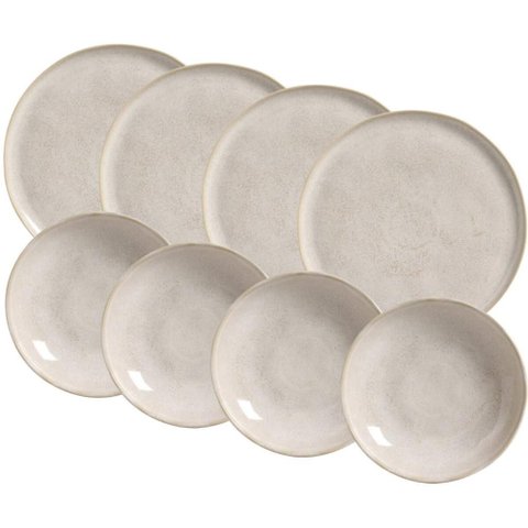 Kit 4 Pratos Fundos 22cm e 4 Rasos 27cm Cerâmica Off White Bio Latte Mesa Jantar Porto Brasil