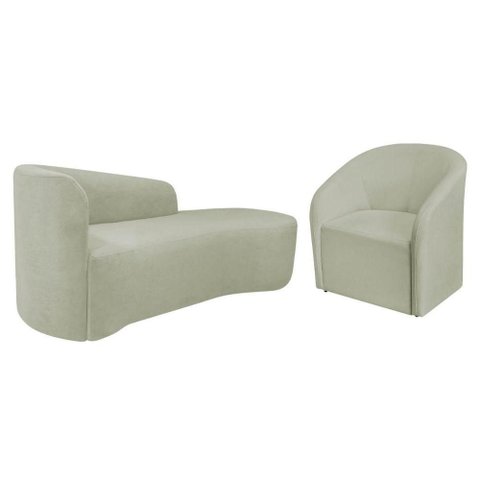 Kit Sofá Curvo França 160cm Ld. e Poltrona Luiza Max Conforto, Bouclé Verde Oliva