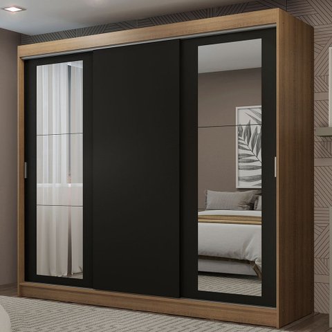 Guarda-Roupa Casal Madesa Kansas 3 Portas de Correr com Espelhos 3 Gavetas Rustic/Preto Cor:Rustic/P