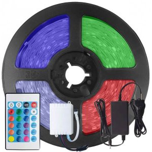 Kit Fita LED 5050 RGB Colorida 300 Leds 5 Metros 12V IP65 + Controle Remoto + Fonte