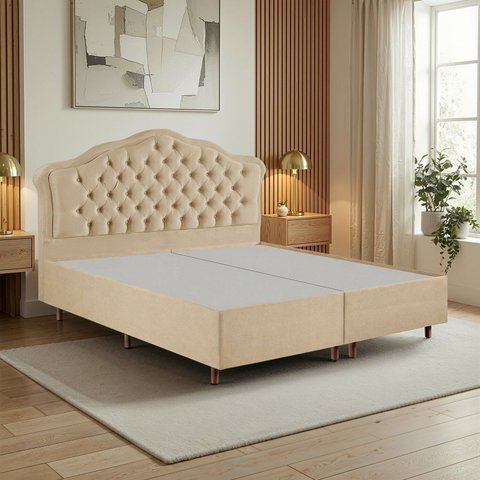 Kit Cama Box King + Cabeceira Estofada em Madeira Maciça Curva Provençal com Capitonê Bege/Veludo