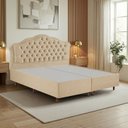 Ver imagem 1 de Kit Cama Box King + Cabeceira Estofada em Madeira Maciça Curva Provençal com Capitonê Bege/Veludo