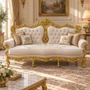 Ver imagem 2 de Sofá Clássico Bege com Capitonê Dourado a: 118cm L: 192cm P: 68cm