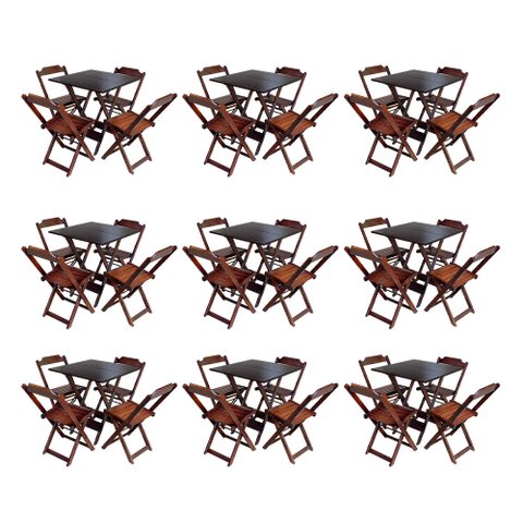 Kit 9 Conjuntos de Mesa Dobravel com 4 Cadeiras de Madeira 70x70 para Restaurante e Bar - Imbuia