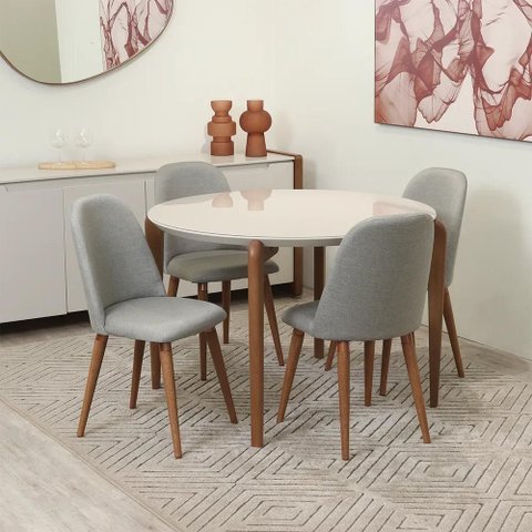 Conjunto de Jantar Mesa Redonda com Vidro Donatella com 4 Cadeiras New Drop - Natural C/ Cinza