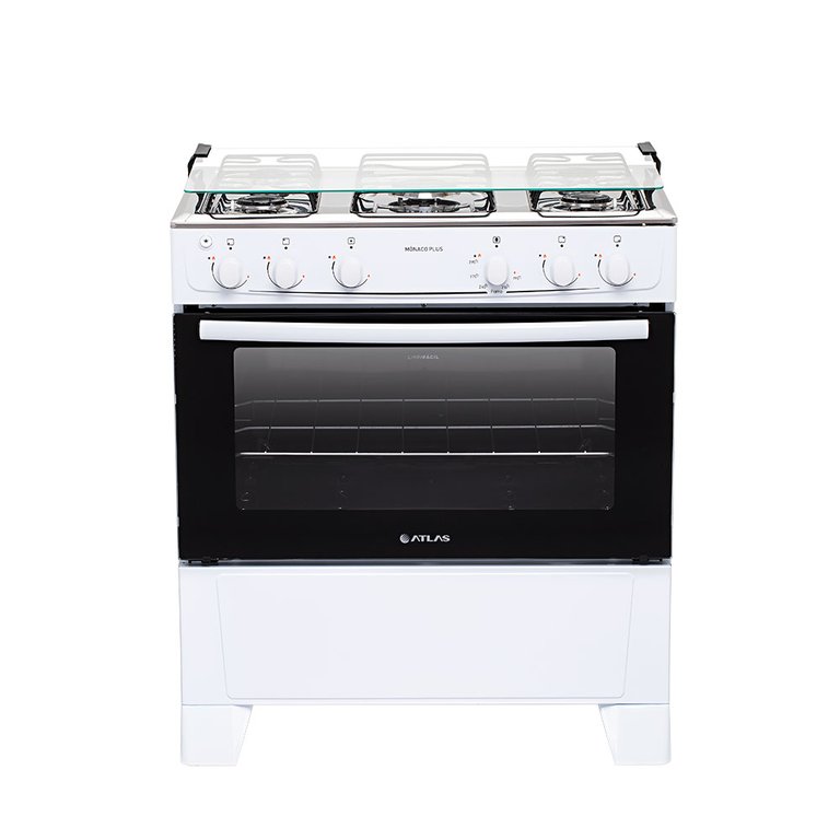 Fogão Mônaco Plus 5 Bocas Atlas - Mega Chama  - Mesa Inox - Acendimento Automático - Bivolt - Branco