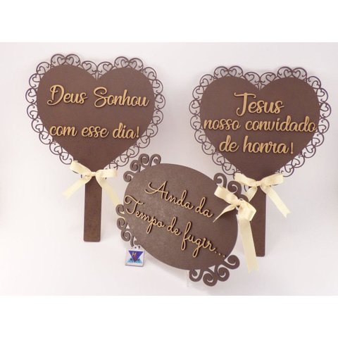 Kit 3 placas de Casamento Pintada Personalizada Relevo Make Laser Placa Relevo Marron