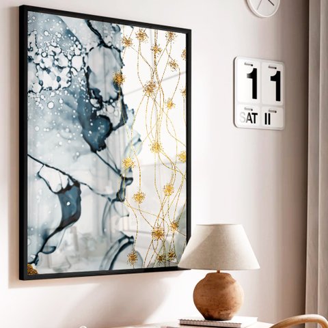 Quadro Decorativo Abstrato Mármore Azul e Branco em Moldura Caixa Tacolado Moldura Trad 1cm Branca C