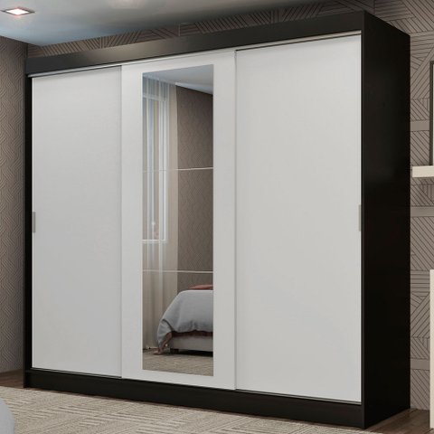 Guarda-Roupa Casal Madesa Kansas 3 Portas de Correr com Espelho 3 Gavetas Preto/Branco Cor:Preto/Bra