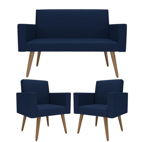 Kit Sófa 2 Lugares e 2 Poltronas para Sala de Estar Recepção Azul-marinho