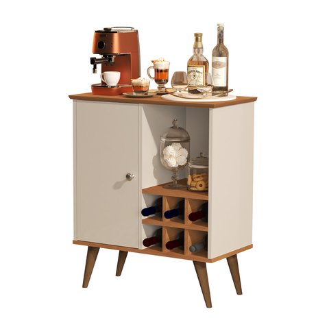 Balcão Aparador Buffet Retrô Royal 1 Porta Com Adega:Off White/Nature
