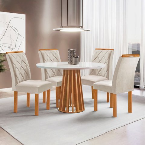 Mesa Kansas 100cm 4 Cadeiras Arthus Tampo Redondo Plus Vidro Off White