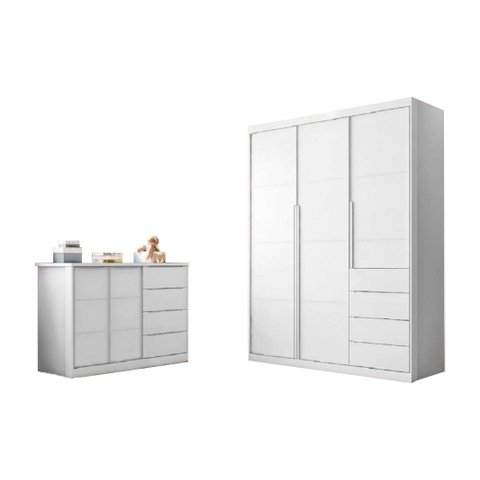 Kit Quarto Infantil Bebê Pérola Cômoda 4 Gavetas 2 Portas e Guarda Roupa 3 Portas 4 Gavetas Branco -