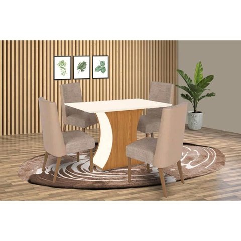 Conjunto: Mesa Sala Jantar Luiza Sc42 Tampo Madeirado C/ Vidro Canto Curvo 120x80cm e 4 Cadeiras
