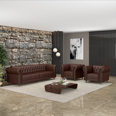 Conjunto Sala de Estar 1 Sofá Living 200cm e 2 Poltronas Stanford Chesterfield Pés Madeira Couro Mar