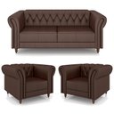 Ver imagem 2 de Conjunto Sala de Estar 1 Sofá Living 200cm e 2 Poltronas Stanford Chesterfield Pés Madeira Couro Mar