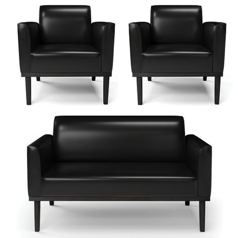 Sofá Namoradeira e 2 Poltronas Base Madeira Preto Maressa Sintético Pu Preto - Ibiza