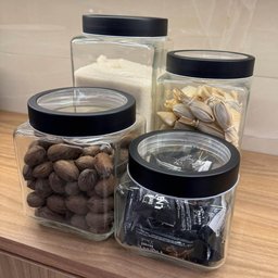 Kit 4 Potes 800ml Gastro Lyor Vidro Tampa Metal Preta Porta Mantimentos Quadrado - 4