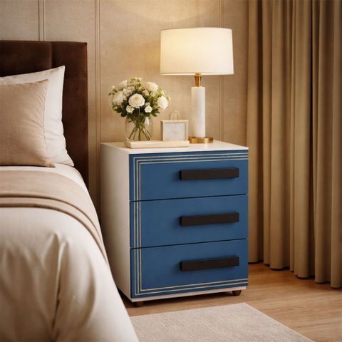 Mesa de Cabeceira Valência 3 Gavetas Azul Branco - Politorno