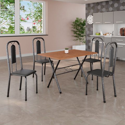 Conjunto de Mesa Tubular 100cm x 60cm Tampo em MDF com 4 Cadeiras Lívia Prata/Preto Liso/Martelado