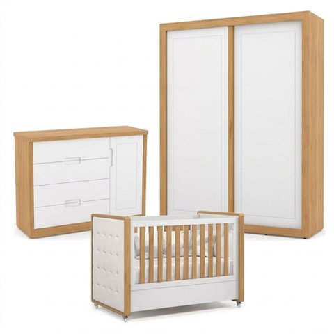 Quarto de Bebê Tutto com Guarda-Roupas 2 Portas Correr , Cômoda e Berço Minicama Capitonê 100% MDF m