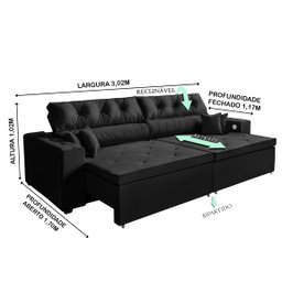 Sofá 5 Lugares Smart 3,02 Metros Preto Retrátil, Reclinável Tecnologia Carregamento 3 portas USB - 4