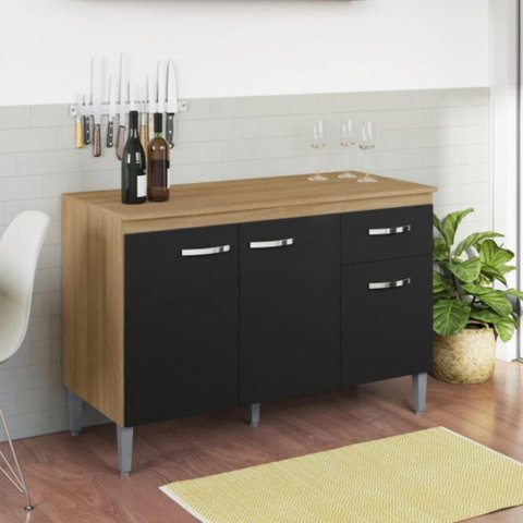 Balcão para Cozinha 2 Portas 1,20m Derby Amendoa Preto