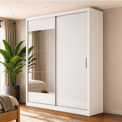 Guarda-Roupa 100% MDF 2 Portas de Correr 2 Gavetas com Espelho 131x213x55cm Branco
