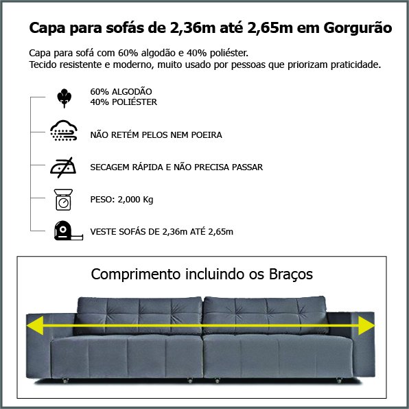 Capa para Sofá Retrátil e Reclinável em Tecido Gorgurão - Veste Sofás de 2,36M até 2,65M - Bege - 3