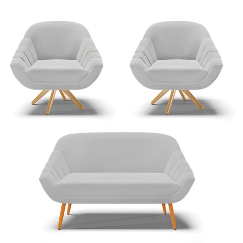 Kit 01 Namoradeira 02 Lugares e 02 Poltronas Giratória Giovana Suede Cinza Base Madeira MM30 - D’Rossi