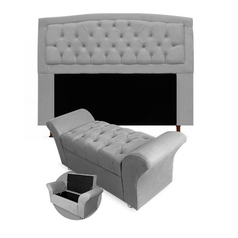 Kit Cabeceira Geovana + Calçadeira Baú Veneza Casal 140cm Suede - Ecotec Decor:Cinza