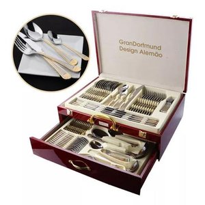 Faqueiro Luxuoso Inox 84 Peças Banhando a Ouro 24k