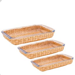 Travessa e Assadeira Refratárias Vidro com Suporte de Rattan 3un Basic - 2