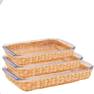 Travessa e Assadeira Refratárias Vidro com Suporte de Rattan 3un Basic