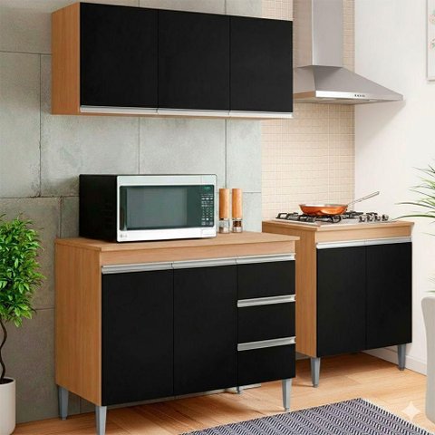 Conjunto Cozinha Compacta Andreia 3 Portas 120cm Amêndoa e Preto AJL Moveis