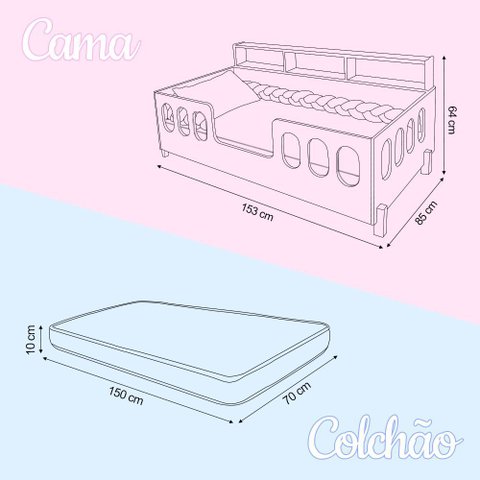 Cama Completa Nina com Colchão e Enxoval Trança Cinza 2,5m com Lousa Mágica para Quarto - Branco