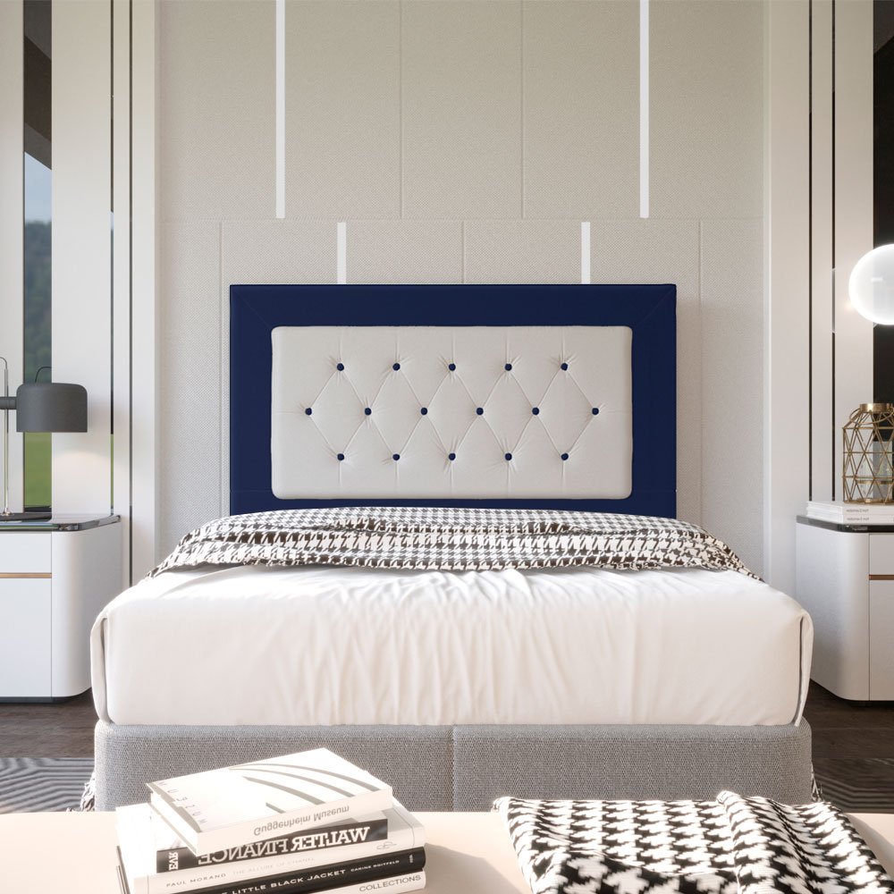 Cabeceira Casal 1,40m Havana Suede com Corino Branco - Pallazio - Azul - 2