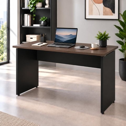 Mesa Retangular Escrivaninha 150 cm X 60 cm Tampo 25 mm Pés Painel F5 Office Cor:Málaga com Preto