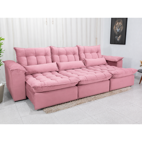 Sofá Retrátil e Reclinável Ipanema 2,10m em Tecido Veludo c/ 03 Módulos - Montagem Inclusa:Rosa