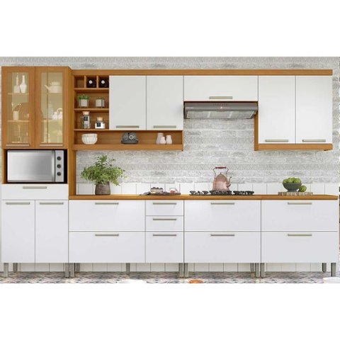 Cozinha Completa Burguesa Premium 7 Peças ( 3 Armários + 3 Balcões + 1 Paneleiro) C6p58 Freijo-