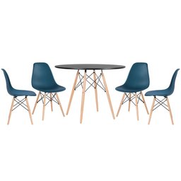 KIT - Mesa redonda Eames 100 cm preto + 4 cadeiras Eiffel DSW Azul petróleo - 1